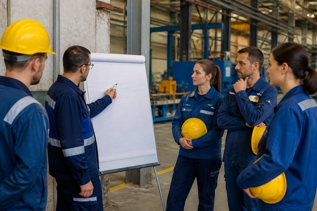 Produktionsmitarbeiter in Arbeitsschutzausrüstung bei einer informellen Teambesprechung auf dem Werksgelände, ein Moderator notiert Punkte auf einem Flipchart