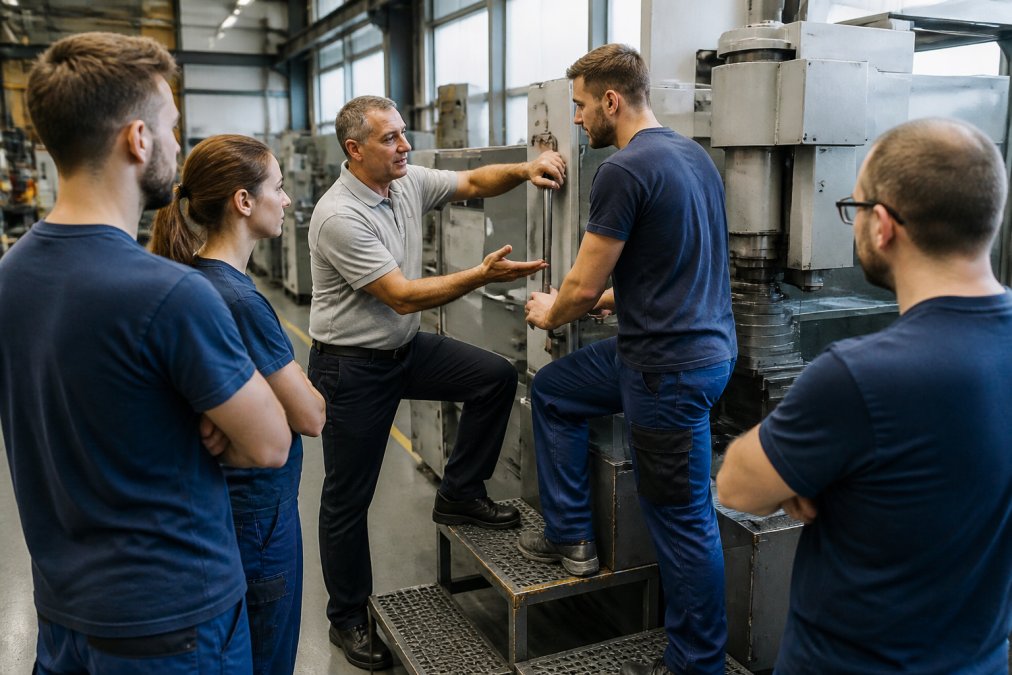 Sicherheitsschulung in einem Produktionsbetrieb, Trainer zeigt Ergonomie-Tipps an einem Arbeitsplatz mit Maschinen im Hintergrund