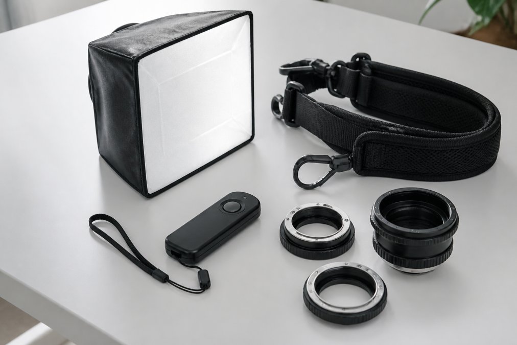 Flat lay of professional camera accessories arranged on a clean white desk surface: a compact softbox, wireless remote shutter release, a set of mount adapters, and a padded camera strap under bright even lighting