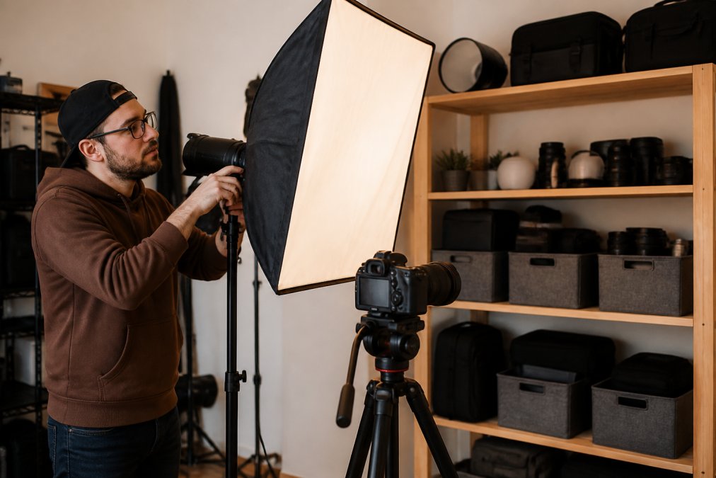 A photographer in a home studio carefully adjusting the angle of a large softbox light modifier positioned beside a camera mounted on a tripod, with labeled accessory bins organized on a wooden shelf in the background, warm studio lighting