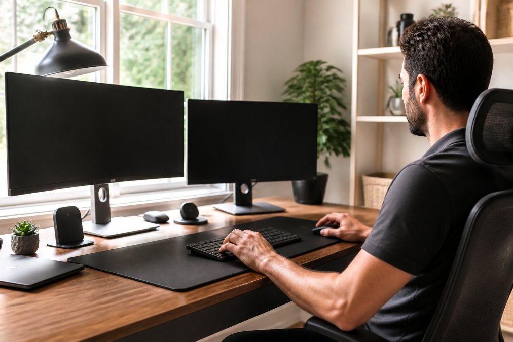Remote professional sitting at an organized desk setup with multiple monitors, wireless keyboard, mouse pad, and desk lamp in a bright home office with natural window lighting