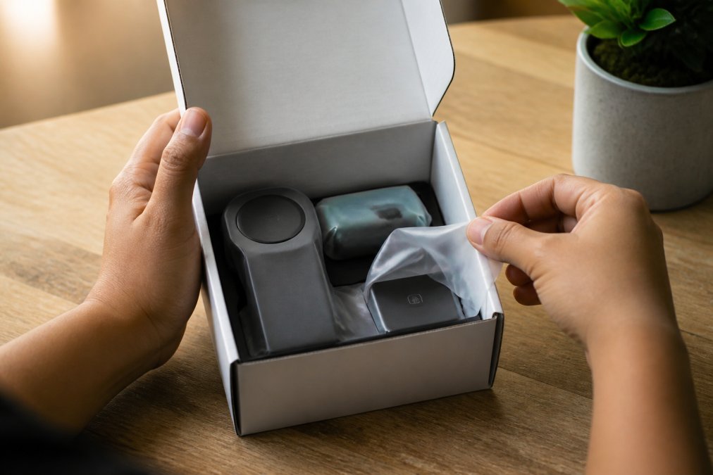 Close-up of hands carefully unboxing a premium tech accessory with branded packaging, revealing quality materials and protective wrapping in natural lighting