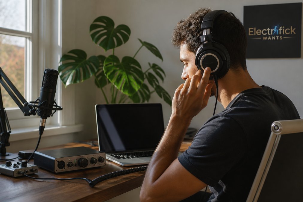 Person wearing over-ear headphones at a desk with an audio gear setup in a modern home studio.