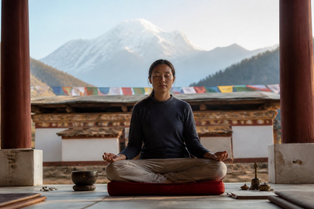 Person meditating in a Bhutanese monastery courtyard during a Bhutan spiritual retreat with Himalayan peaks behind.