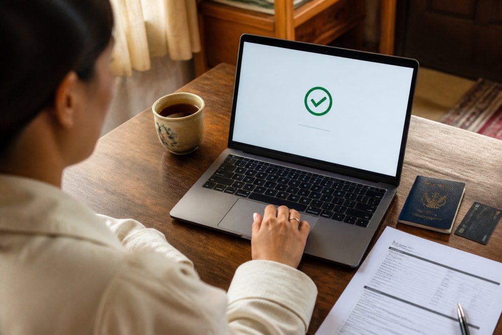 A traveller at a wooden desk in a warm-lit room, passport and credit card beside a laptop showing a payment confirmation screen, a printed travel itinerary and a cup of tea nearby