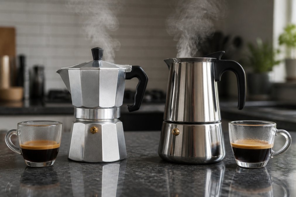 Close-up of two moka pots on a kitchen counter, one polished aluminum and one brushed stainless steel, with a small cup of espresso beside each and steam rising