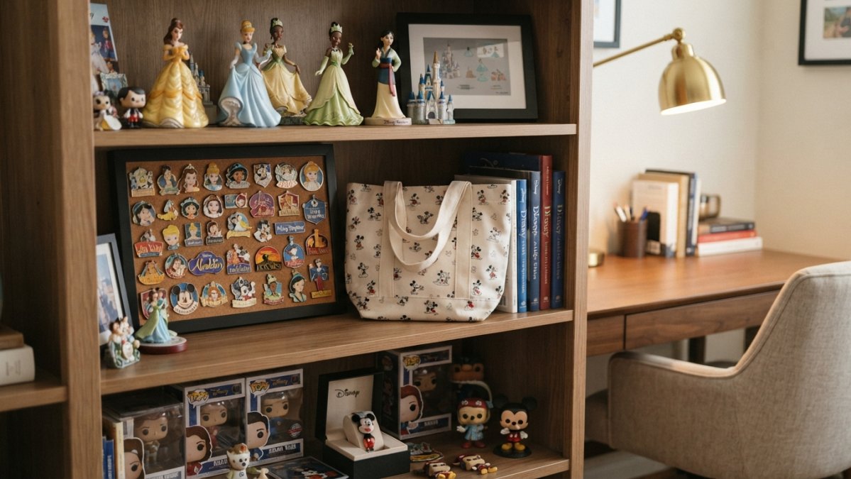 An adult collector's shelf displaying princess-themed collectibles, enamel pins, and a character-print bag arranged neatly in a home office with warm lamp lighting