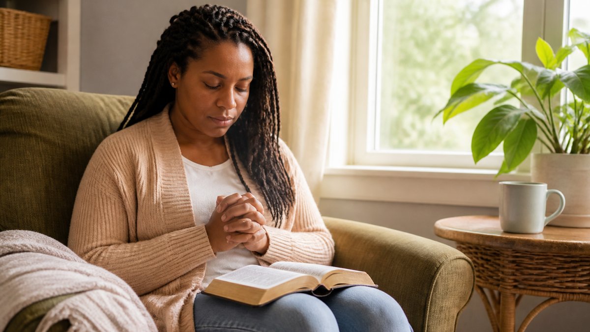 Woman sitting peacefully in a quiet corner reading bible scripture for anxiety with soft light on her lap