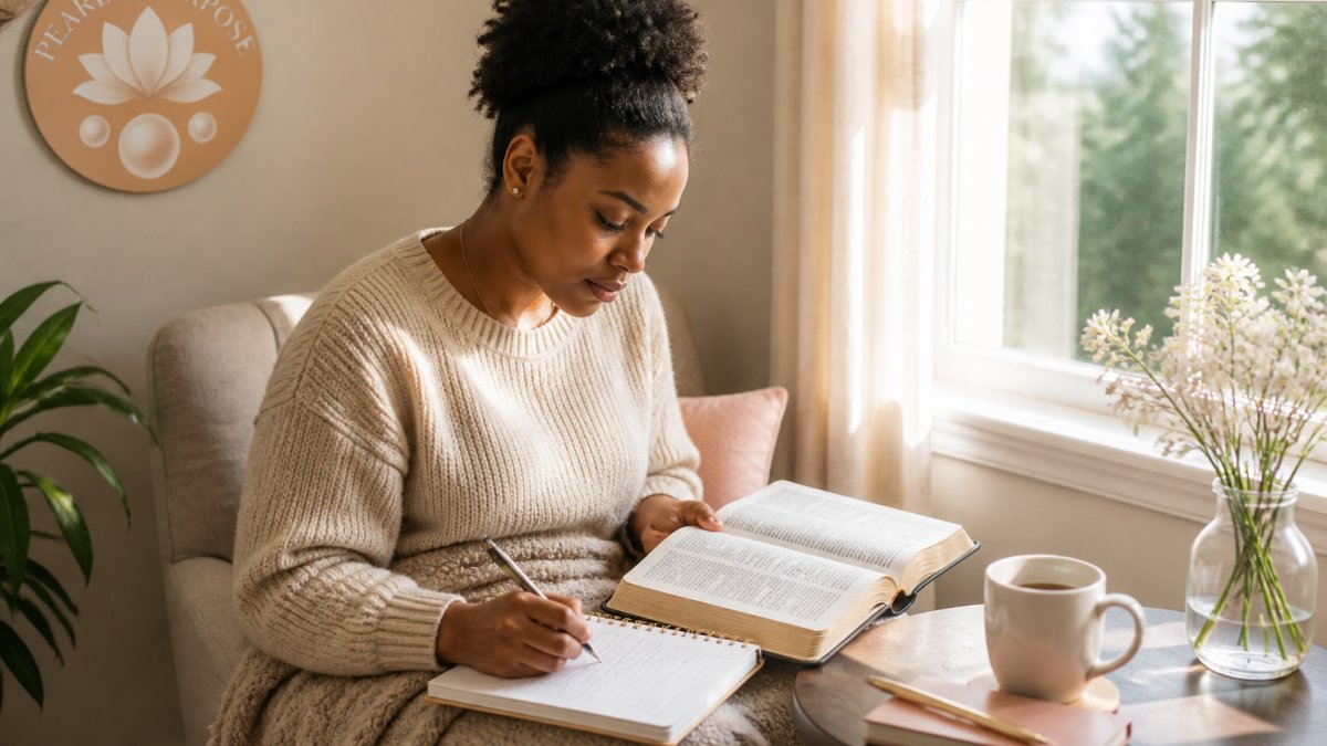 Infographic checklist of essential supplies for Bible study for women at home set in a cozy, sunlit morning workspace.