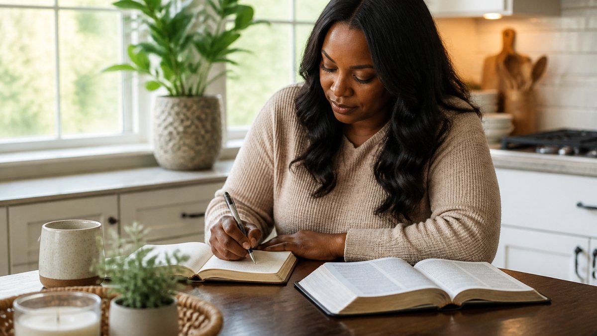 Infographic process for a Bible study guide devotional showing steps for personal reflection with a journal