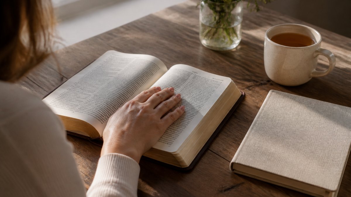 An open Bible on a wooden table beside a cup of tea and a cloth-bound journal, soft morning light falling across the page, a woman's hand resting gently on the text