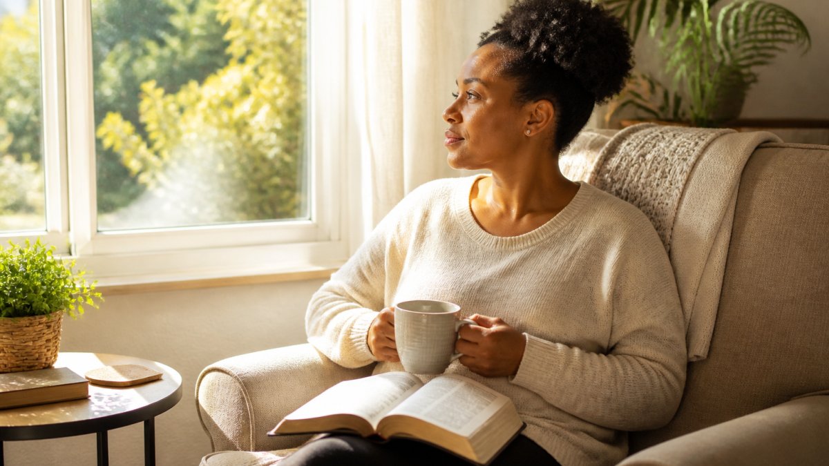 Mother sitting in a quiet corner of her home with a cup of tea and an open Bible on her lap, sunlight streaming through a nearby window, creating a peaceful moment of reflection and prayer