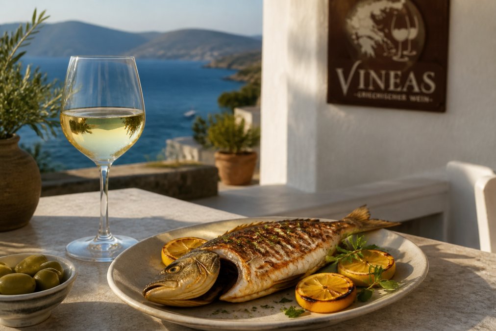 Ein Glas Weißwein auf einer sonnigen Terrasse, daneben ein Teller mit gegrilltem Fisch und Zitronenscheiben, mediterrane Atmosphäre, weiches Nachmittagslicht