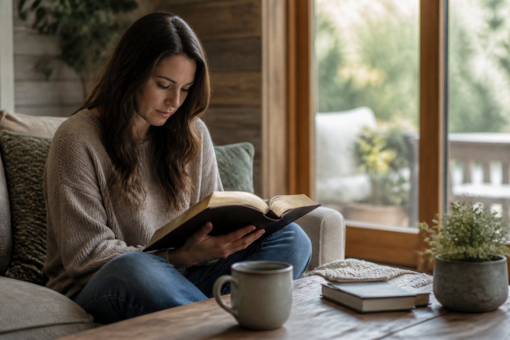Professional illustration showing Individual, Bible for biblical answers for daily stress
