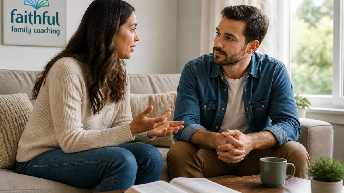 A husband and wife sitting on a couch, facing each other with gentle expressions, the wife speaking while the husband listens attentively with an open posture. ### Active Listening as a Spiritual Discipline Treat listening as an act of love, not a pause before your turn. Proverbs 18:13 calls answering before listening "folly and shame", strong language for something most couples do without noticing. The goal is not to win the pause but to understand your spouse's heart well enough to respond to what they actually said. ### The L.E.A.R.N. Listening Framework A repeatable framework is easier to apply under pressure than a list of tips. Use these five moves in order: 1. **L, Lay down your defense.** Before your spouse speaks, silently pray something like, "Lord, help me hear them, not just prepare my reply." This is the step couples skip, and it is the one that changes the conversation. 2. **E, Engage your body.** Put the phone face-down, turn toward your spouse, and make eye contact. Nonverbal signals carry as much weight as your words, and a closed posture tells your spouse the conversation is already over. 3. **A, Acknowledge the emotion before the content.** Say, "It sounds like that felt really lonely," before you address the facts. Naming the feeling first keeps the conversation from becoming a debate about details. 4. **R, Reflect back what you heard.** Use their words, not your paraphrase: "So you felt dismissed when I checked my email during dinner." Then ask, "Did I get that right?" 5. **N, Name what you will do next.** Close the loop with one concrete action: "I'll put my phone in the other room during dinner this week." A promise with a specific behavior attached is far more believable than "I'll try harder." What most guides miss is step four. Reflecting back what you heard proves you were present, and stops you from answering a point your spouse never made. ### Scripts for the Hardest Listening Moments Even with a framework, listening breaks down in predictable ways. These phrases keep the conversation moving when you slip into defense: - **When you want to interrupt:** "Hold on, let me make sure I understand before I respond." - **When you disagree with how they remember it:** "I remember that differently, and I want to hear your side first." - **When you feel your anger rising:** "I'm starting to get defensive. Can I take ten minutes and come back?" These are not manipulation tactics but repair attempts, small bids to keep the conversation safe enough for honesty. :::tip When your spouse finishes, wait three full seconds before you speak. That small pause gives your brain time to move from reaction to response. Couples who practice this report far fewer escalated arguments. ::: ### When Listening Feels Impossible Some topics are so loaded that no framework works in the moment. If every attempt to listen ends in the same shutdown or explosion, that is a signal, not a personal failure. Often one partner learned early that being heard was dangerous, and the other that silence was safer than conflict. Those patterns rarely resolve with better technique alone, they need a third party, such as a pastor, licensed counselor, or structured coaching process, to help both partners stay in the room. ### A Quick Self-Check After Any Hard Conversation Within an hour of a difficult talk, ask yourself three questions: - Did I let my spouse finish before I formed my reply? - Did I reflect back what I heard in their words, not mine? - Did I name one specific thing I will do differently? If you can answer yes to all three, you are building the habit. If not, you have your next practice target. ## Communication Exercises for Married Couples to Practice This Week Most articles hand you a list of exercises and wish you luck. The problem is not knowing what to do, it is doing it long enough for the habit to stick. What follows is a four-week plan with a daily rhythm, a weekly deeper exercise, and progress markers. ### The Daily Ten-Minute Check-In Set aside ten minutes each evening, ideally at the same time so it becomes automatic. One partner answers, the other listens: - What was the best part of your day? - What felt heavy today? - How can I support you tomorrow? No fixing. No advice unless asked. Just listening. If ten minutes feels long at first, start with five and build up. ### The Weekly Speaker-Listener Exercise Once a week, set aside twenty minutes. One partner holds the "floor" and speaks for two minutes while the other listens without responding. Then you swap. - **Speaker:** Use "I feel" statements. Keep it to one issue. - **Listener:** Reflect back what you heard before you reply. - **Both:** No scorekeeping, no bringing up old fights. Choose one recurring topic per week, money, in-laws, parenting, intimacy, so you are not trying to solve everything at once. ### A Four-Week Practice Plan - **Week 1, Build the daily habit.** Do the ten-minute check-in every night. Skip the weekly exercise this week. The goal is simply to show up. - **Week 2, Add the weekly exercise.** Keep the daily check-in and add one speaker-listener session. Pick a low-stakes topic. - **Week 3, Practice repair.** During the weekly session, deliberately practice one apology and one repair attempt (see scripts below), even if nothing went wrong. ### Scripts for Apologies, Requests, and Repair General advice is hard to use in the moment. Specific language is easier. Try these templates and adapt the wording to sound like you: - **A full apology:** "I was wrong when I [specific action