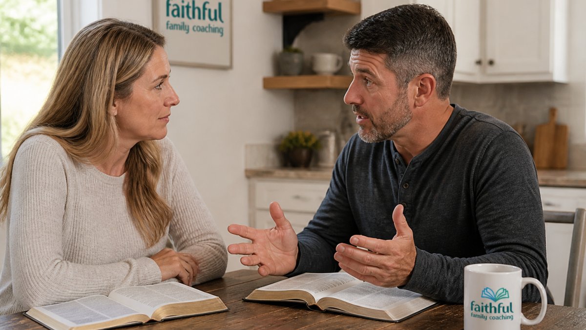 A married couple sitting across from each other at a kitchen table, Bibles open, one spouse listening intently while the other speaks with a calm, open posture, soft natural light