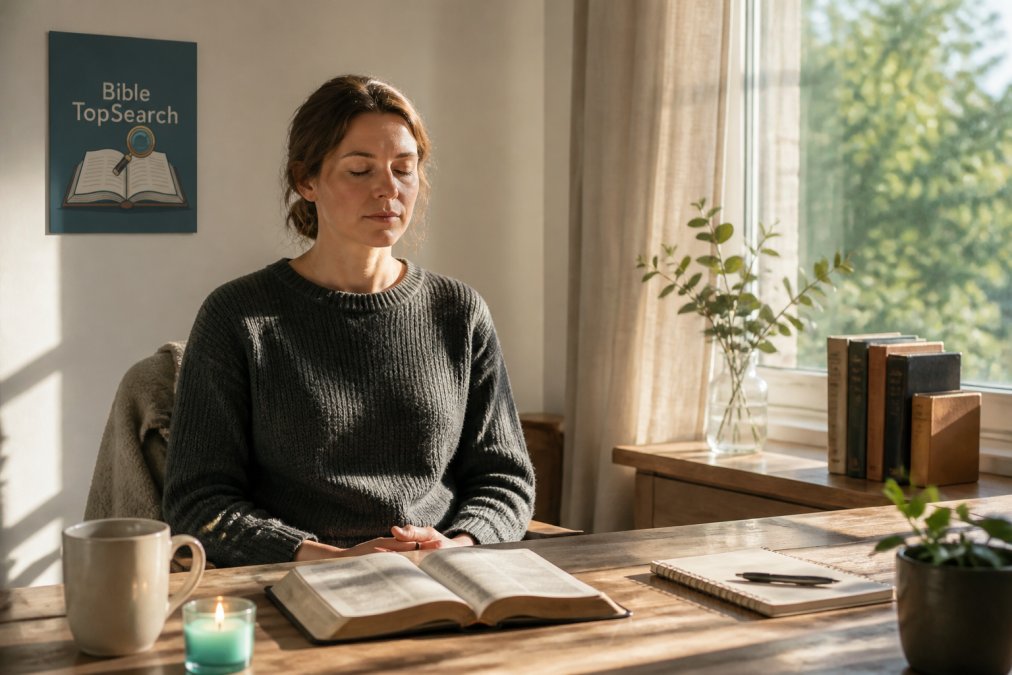 Person sitting peacefully in a quiet, sunlit room with a Bible and journal nearby, hands resting gently, eyes closed in contemplation