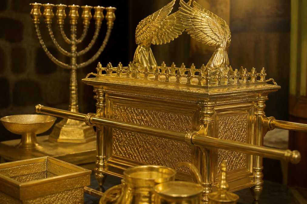 Close-up of ornate golden religious artifacts with intricate craftsmanship, including detailed golden altar pieces and ceremonial objects, with warm golden lighting emphasizing the metal's lustrous finish and sacred artistry