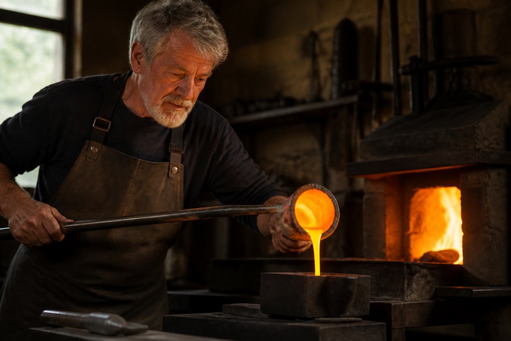 Skilled artisan carefully working with molten gold at high temperature in a traditional metalworking workshop, using specialized tools to shape and refine the precious metal, with intense orange heat visible and concentration evident on the craftsperson's face