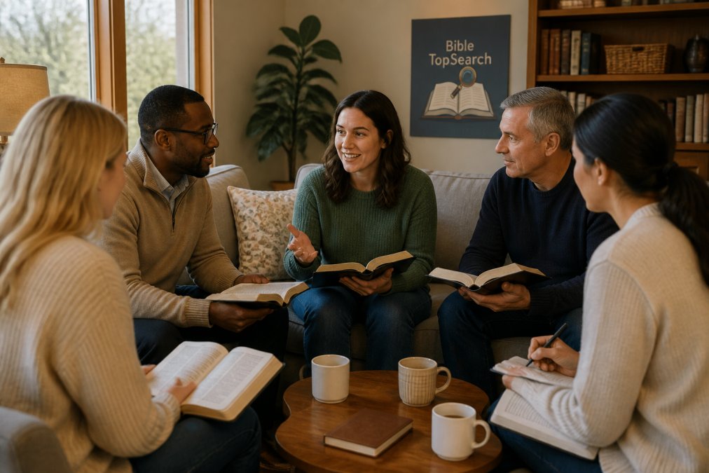 A small group of adults sitting in a circle in a cozy living room, holding open Bibles and journals, engaged in a warm and supportive discussion