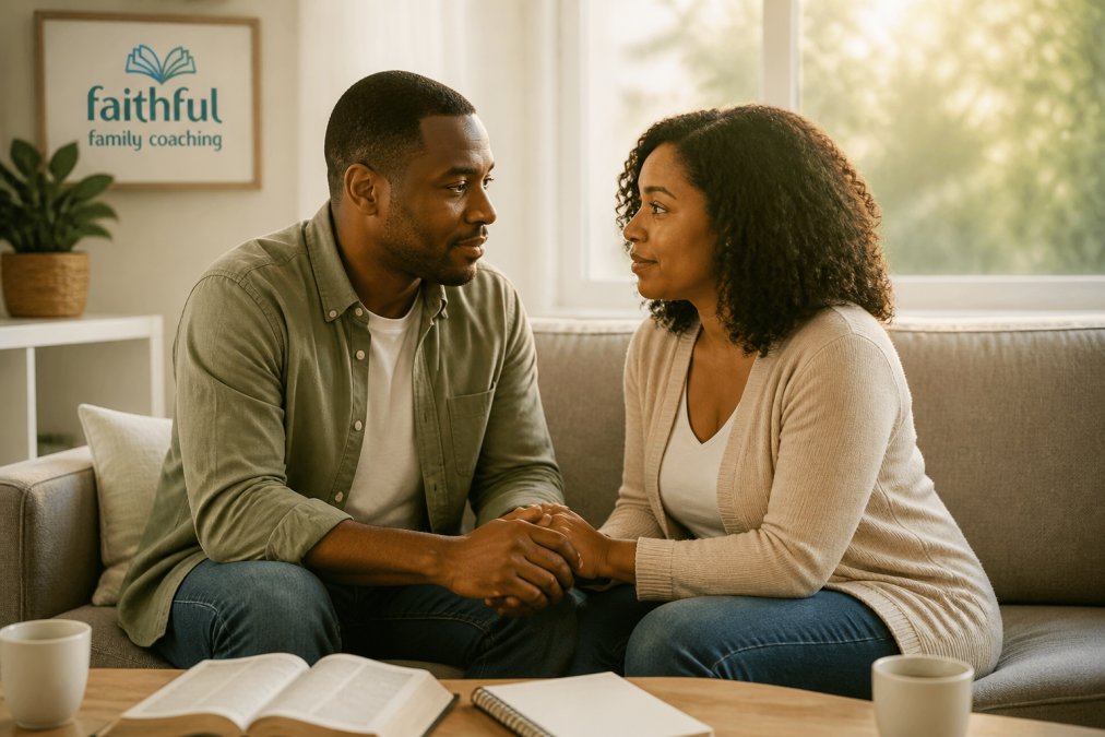 A couple holding hands on a couch, finding biblical steps for marriage restoration through hope and forgiveness.