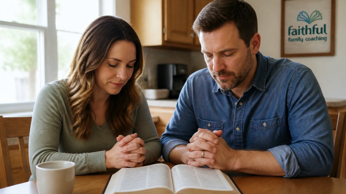 A couple sitting at a kitchen table with an open Bible between them, hands folded, soft morning light through the window, wedding rings visible, expressions thoughtful and calm