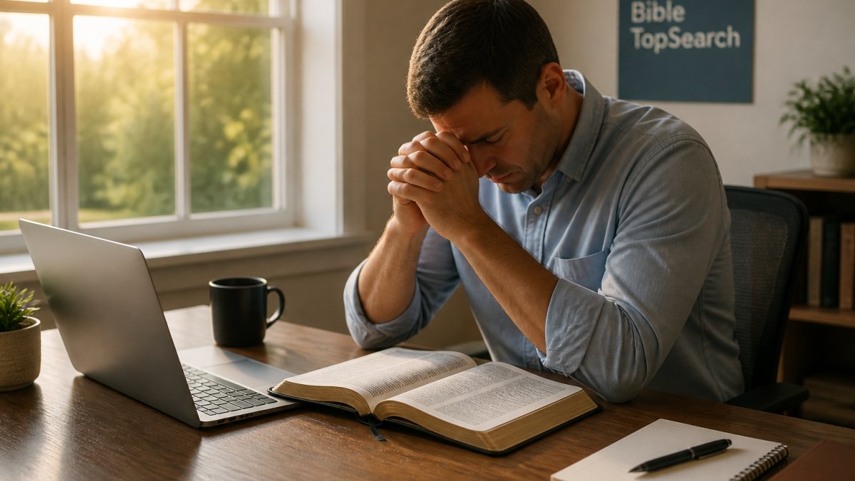 A person sitting at a desk with a Bible open next to a laptop, hands folded in prayer, soft morning light through a window