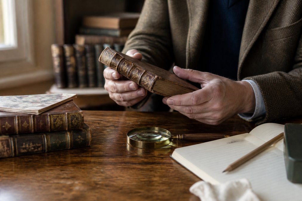 Hands carefully examining the spine and pages of an antique leather-bound book on a wooden desk, with a magnifying glass and condition assessment notes nearby