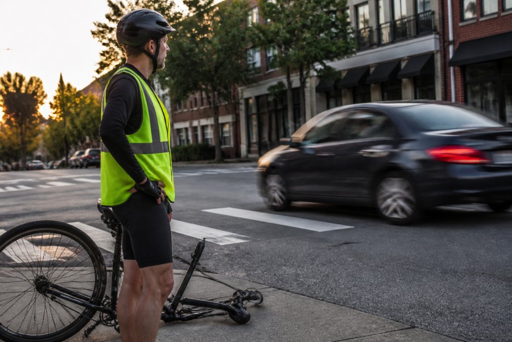 Cyclist with a damaged bike at a city intersection after a bicycle accident settlement case scene