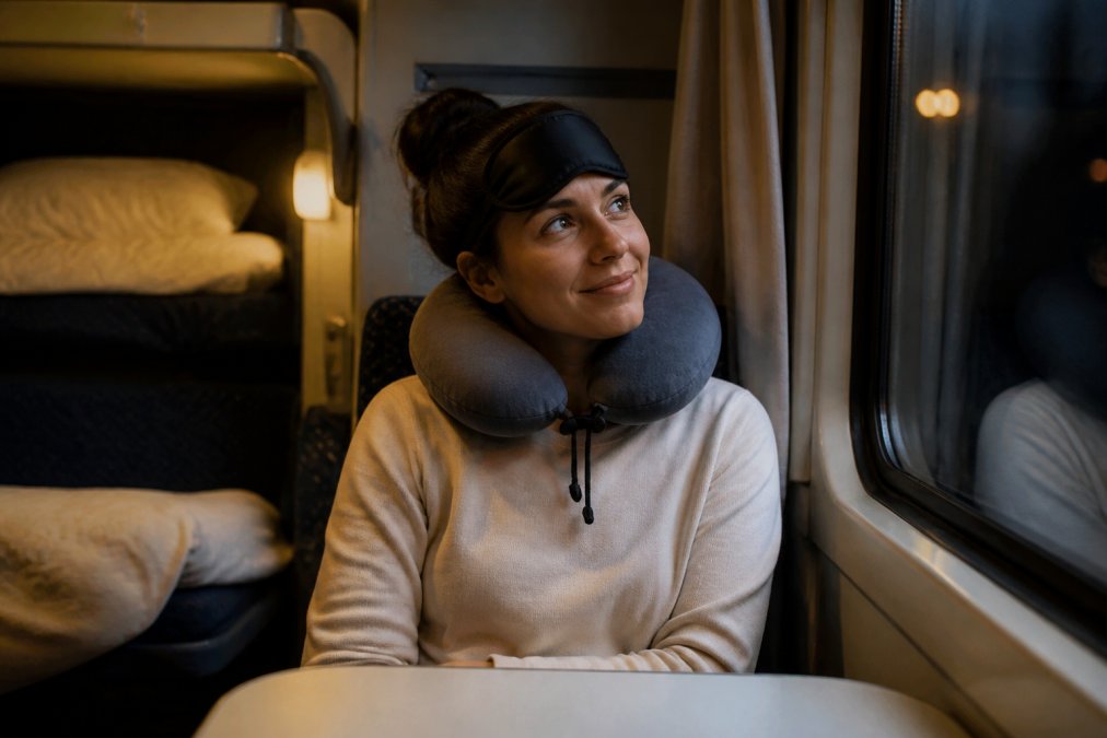 Voyageur avec coussin cervical et masque pour dormir en train confortablement dans sa couchette.