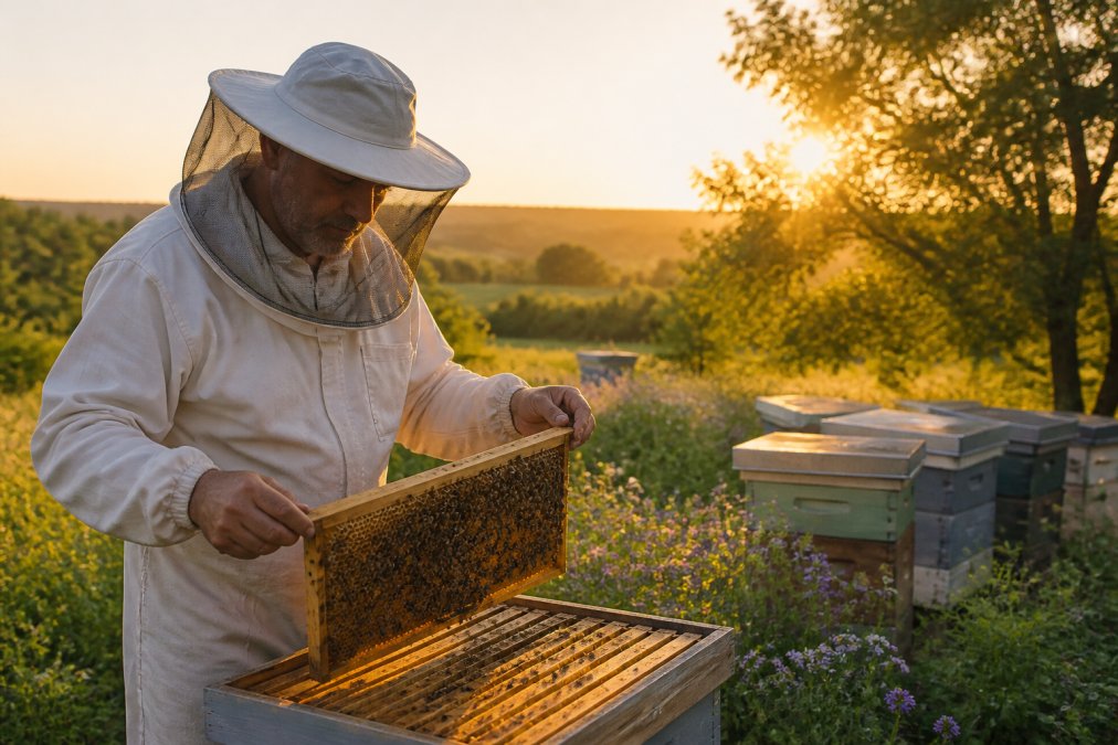 A beekeeper in traditional protective gear inspecting honeycomb frames in an outdoor apiary, with blooming wildflowers and green landscape in the background during golden hour