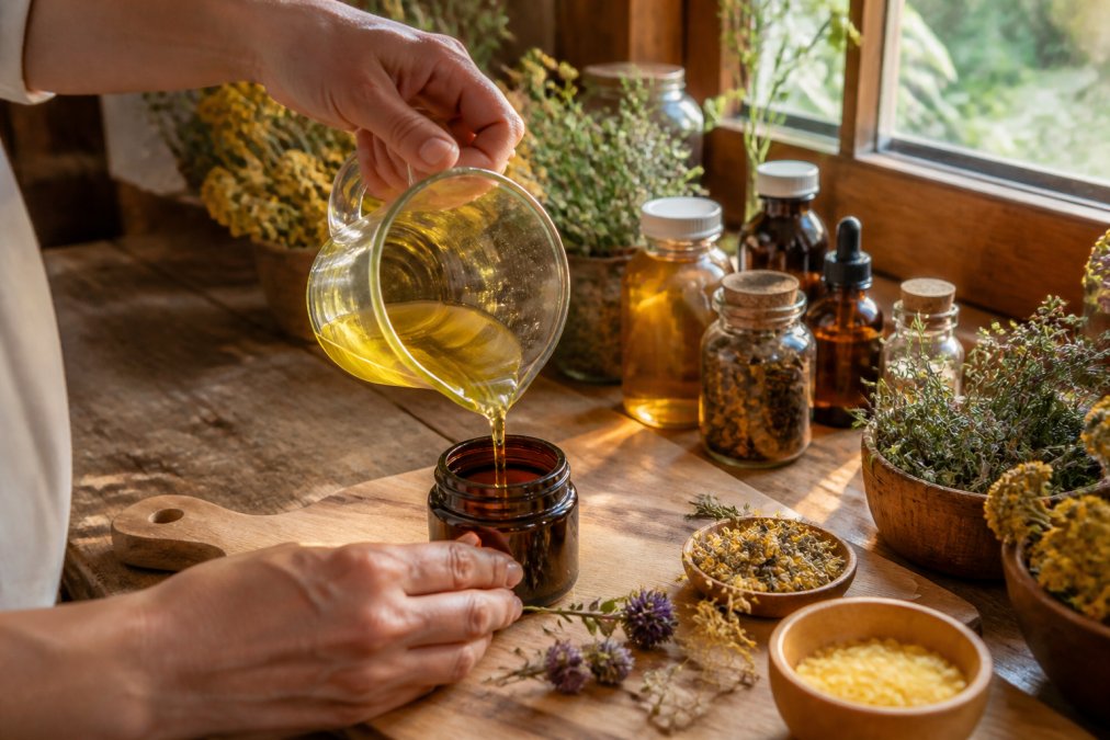Hands carefully pouring melted golden beeswax from a glass measuring cup into a small amber glass container on a natural wood work surface, surrounded by glass bottles of oils and dried herbs in soft afternoon window lighting
