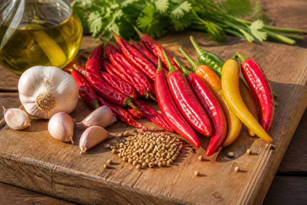 Close-up of vibrant red and yellow fresh chili peppers arranged on a rustic wooden cutting board alongside fresh garlic cloves, coriander seeds, and a bottle of golden olive oil, with natural sunlight casting warm shadows across the ingredients