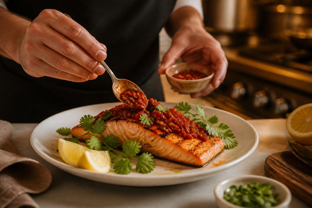 Cook's hands carefully spreading artisanal chili paste onto grilled salmon fillet garnished with fresh cilantro and lemon wedges, warm golden kitchen lighting illuminating the finished Mediterranean-style dish on a white ceramic plate