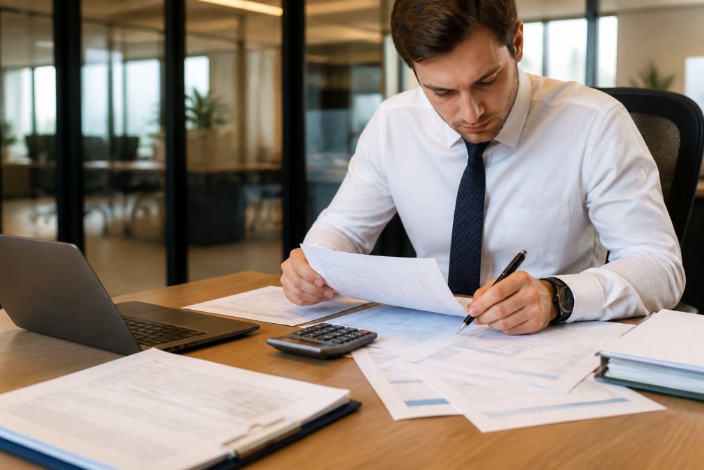 A professional accountant reviewing financial documents at a desk with a laptop, calculator, and printed printed reports spread across a clean modern office desk under warm overhead lighting