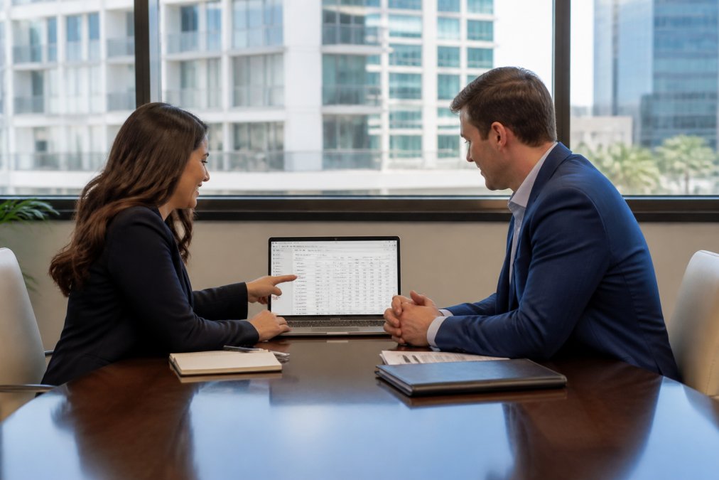 A property manager and financial advisor sitting across from each other at a conference table, both looking at a laptop screen displaying property management software dashboards, in a well-lit modern office with large windows
