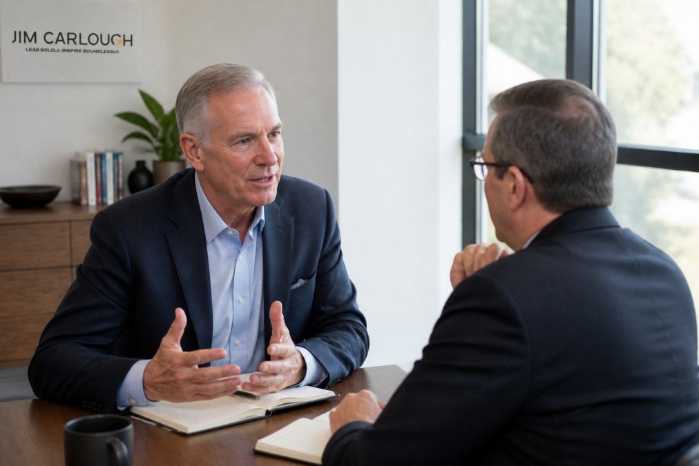 Senior executive and professional coach engaged in focused one-on-one conversation across a table in a modern office setting with natural window lighting