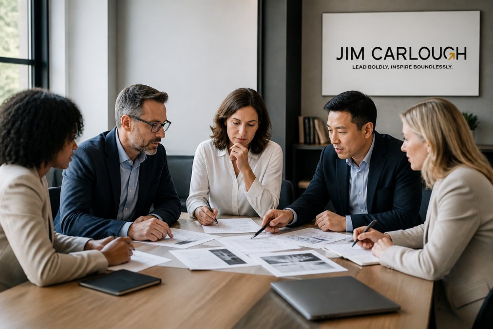 Diverse leadership team collaborating around a conference table, reviewing strategy documents and discussing organizational priorities in a modern office setting
