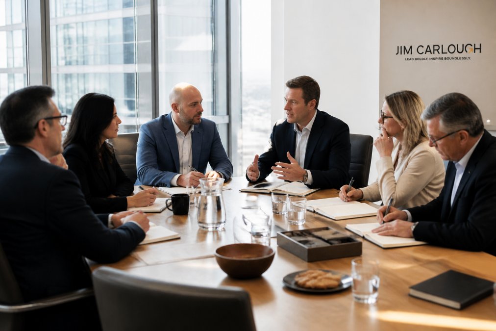 Professional leadership team in modern conference room having strategic discussion, with executives actively contributing ideas and taking notes, bright natural lighting from floor-to-ceiling windows