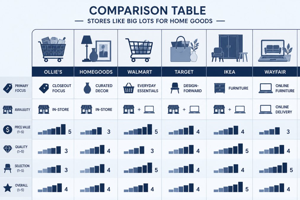 Bar chart comparing key features of Big Lots alternatives: Ollie's (closeout focus, in-store), HomeGoods (curated decor, in-store), Walmart (everyday essentials, both), Target (design-forward, both), IKEA (furniture, both), Wayfair (online furniture, delivery)