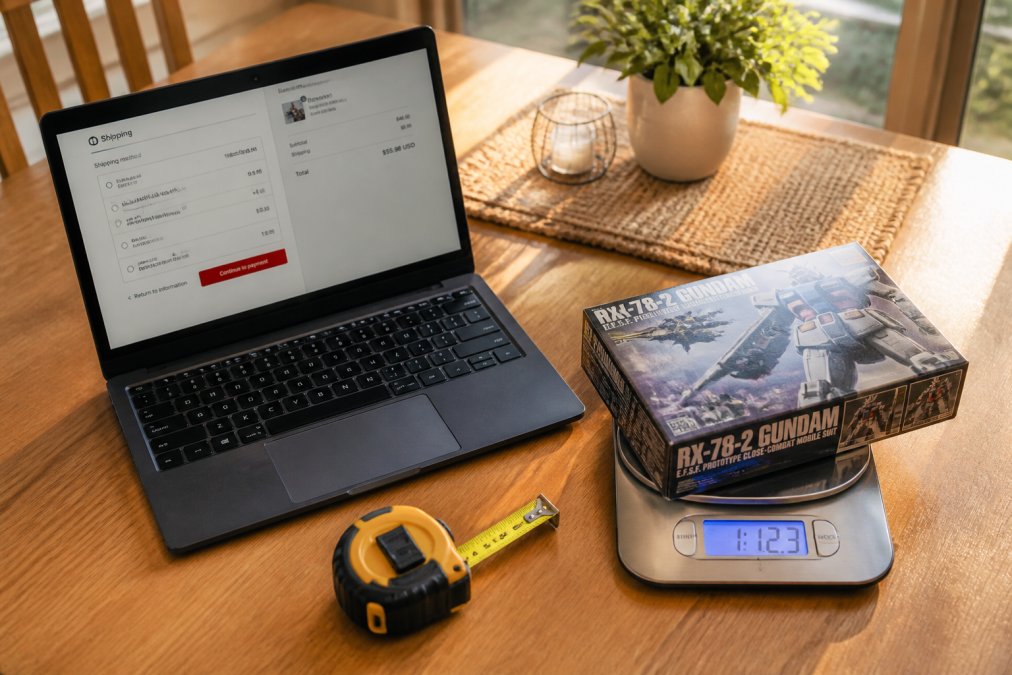 Overhead shot of a kitchen table with a laptop showing a shipping checkout page, a tape measure, a kitchen scale, and a boxed Gundam kit being weighed, warm afternoon light through a window