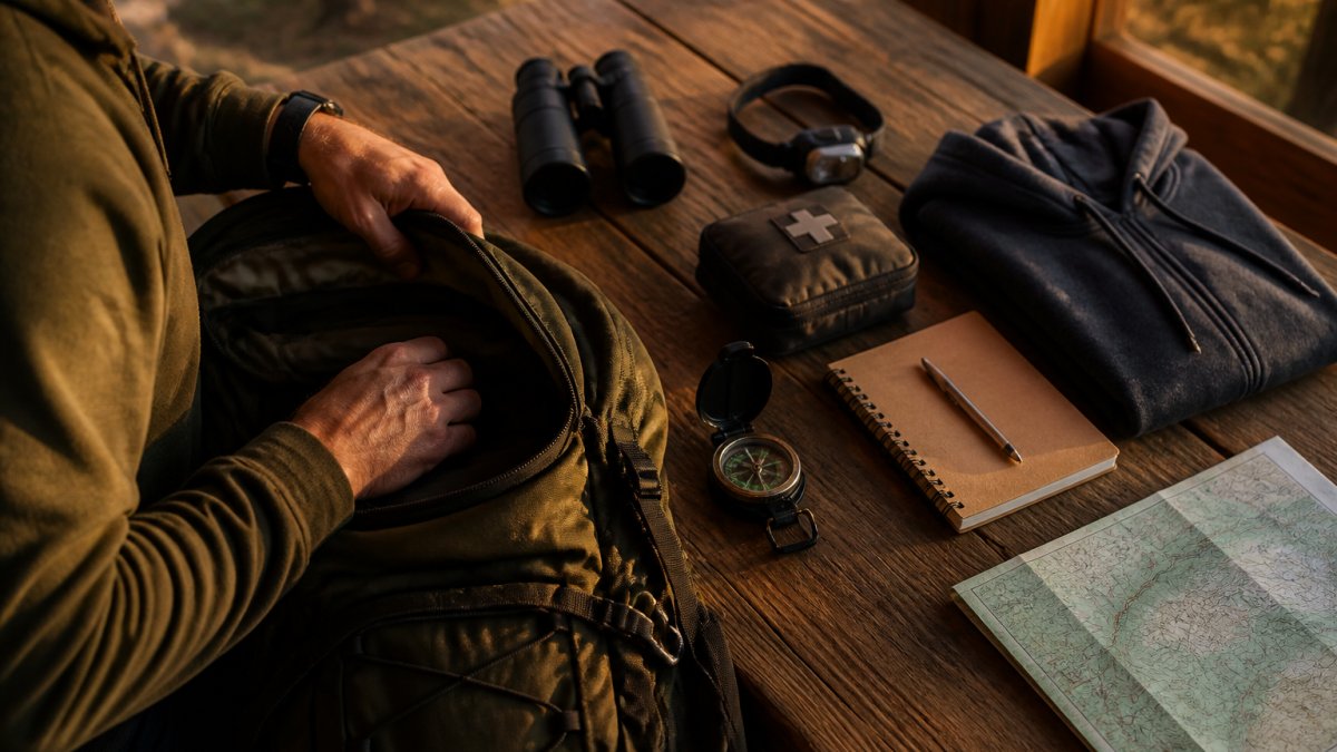 A flat-lay photograph of a trail-day pack spread on a wooden cabin table with binoculars, a headlamp, a compass, a first aid pouch, a spiral field notebook, and a folded hoodie, with a forest map beside them