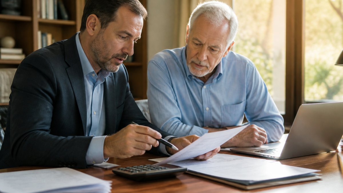 A financial advisor and a pre-retiree reviewing tax documents and a calculator at a wooden desk, a laptop showing retirement account balances in the background, warm afternoon light through a window