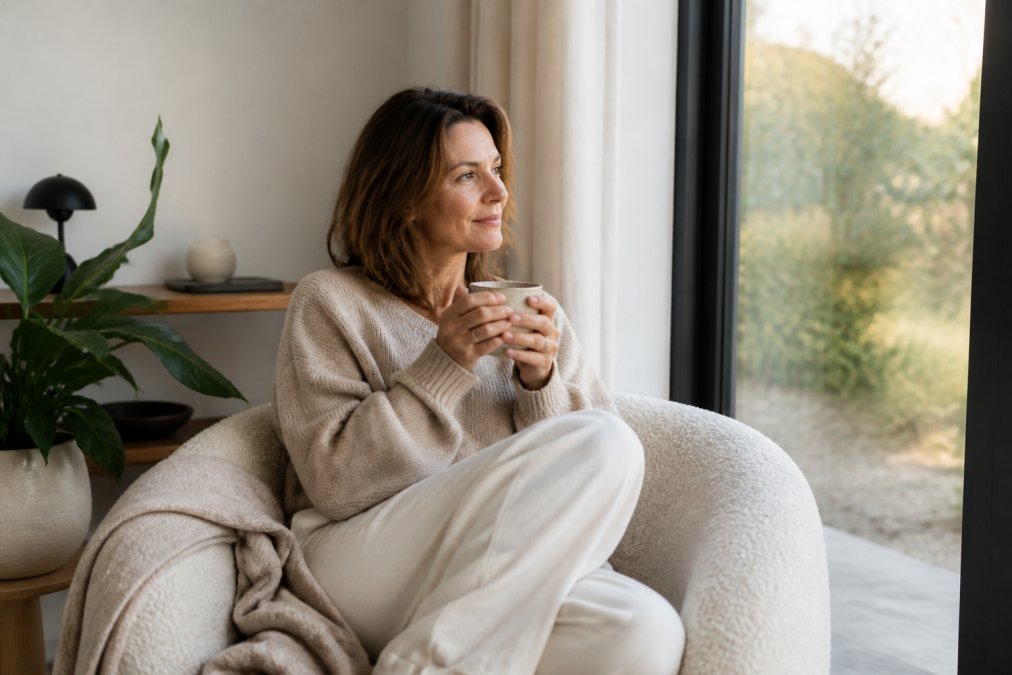 Vrouw van in de veertig ontspant met thee bij natuurlijk licht als onderdeel van herstel bij bijnieruitputting symptomen.