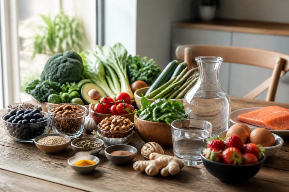 Gezonde voeding en verse groenten op een keukentafel ter ondersteuning bij bijnieruitputting symptomen en een fit leven.