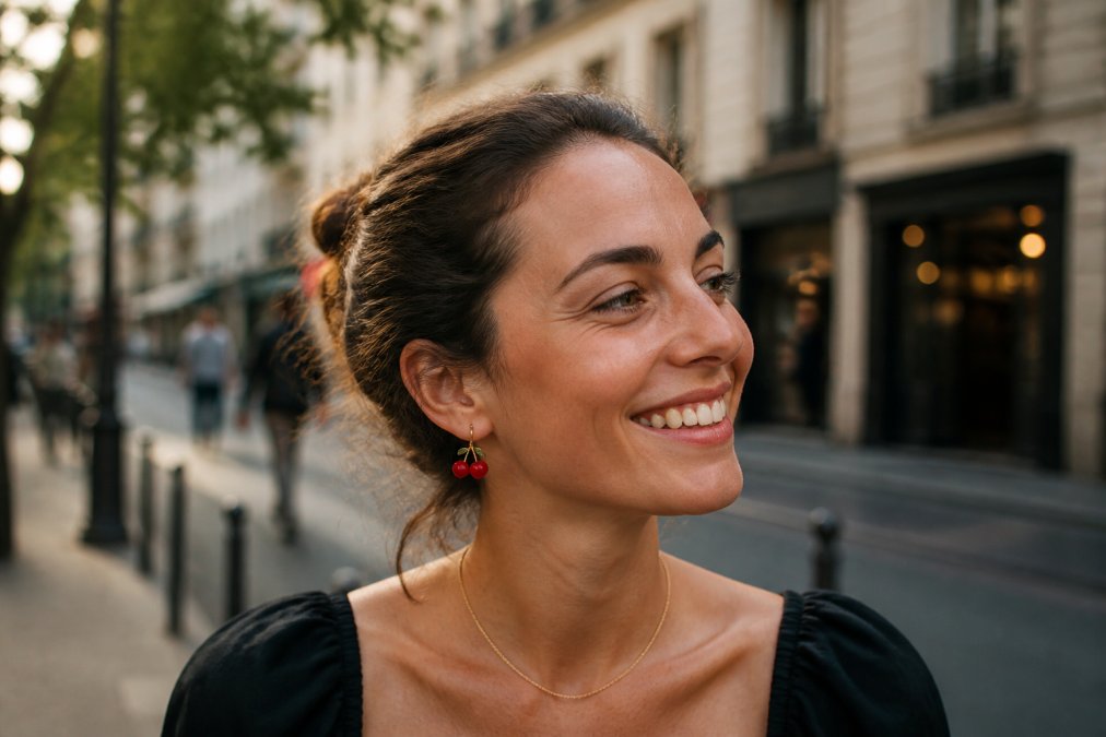 Donna sorridente che indossa gioielli firmati, orecchini a forma di ciliegia e collana dorata in città.