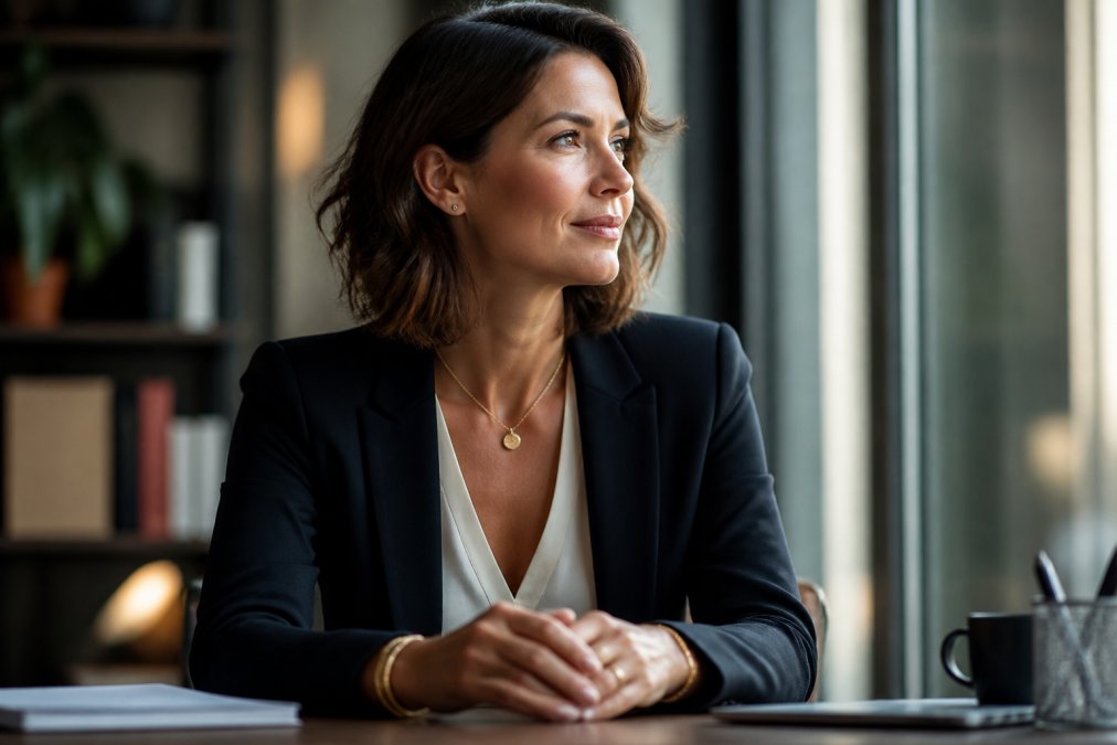 Femme élégante de 40 ans portant un collier minimaliste en or plaqué avec une tenue de bureau épurée, assise à son bureau avec une lumière naturelle douce