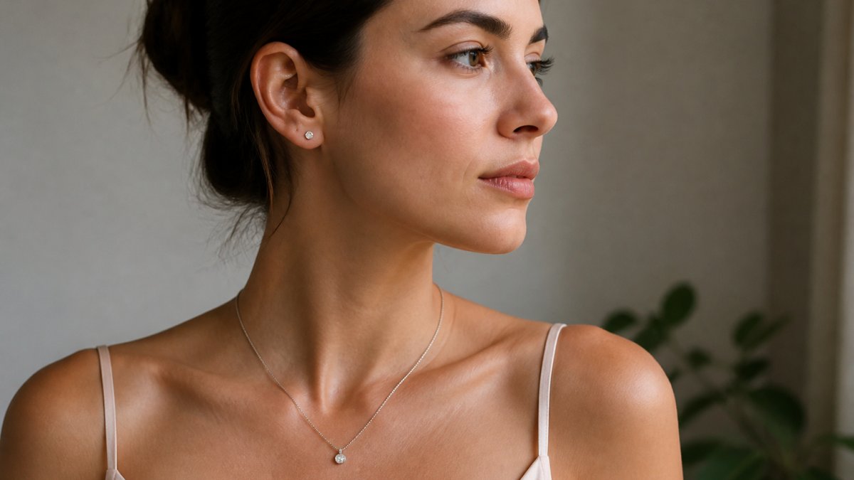 Femme portant un ensemble de collier fin en argent sterling avec boucles d'oreilles clous discrètes, style épuré et élégant, lumière naturelle douce mettant en valeur le design minimaliste