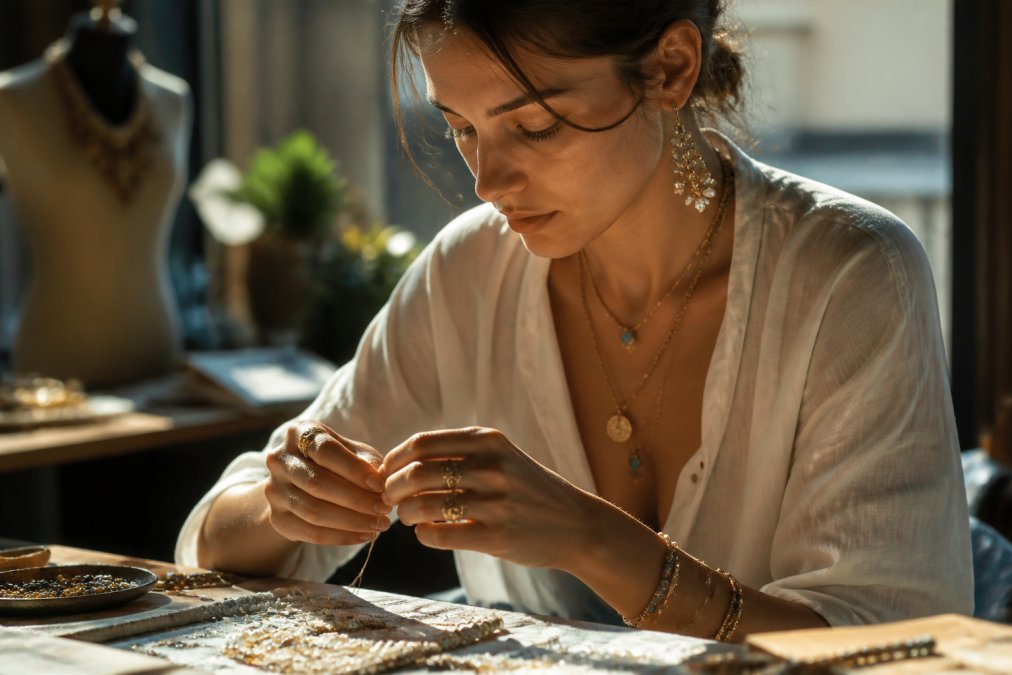 Gros plan sur un collier fait main en perles et fleurs dorées posé sur un tissu de soie clair, lumière naturelle douce, ambiance chaleureuse et féminine, style éditorial parisien