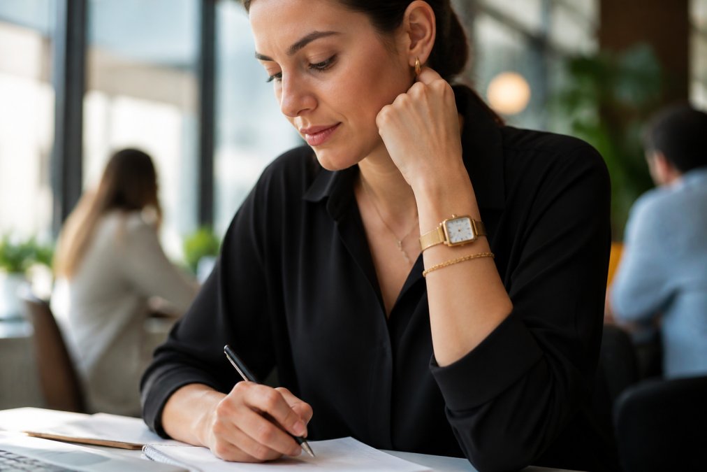 Primo piano di una donna dinamica con un polso sottile, che indossa un braccialetto sottile in acciaio inossidabile dorato e un orologio elegante, in un ufficio moderno e luminoso, con luce naturale soffusa